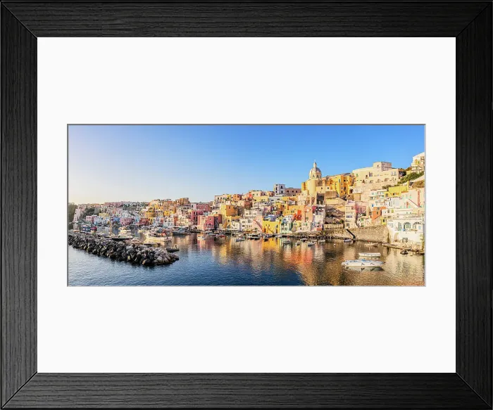 Framed Print : Aerial view of La Corricella fishing village and old harbor at sunset, Procida island, Gulf of Naples, Campania, Italy Framed Print : Aerial view of La Corricella fishing village and old harbor at sunset, Procida island, Gulf of Naples, Campania, Italy