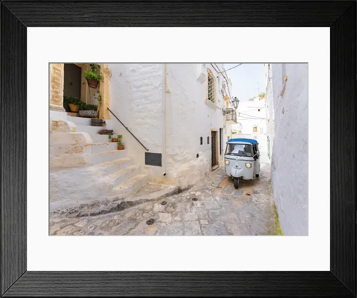 Framed Print : Ostuni, town in Puglia, Southern Italy. Brindisi Province. Ape Car