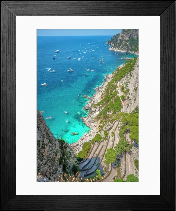 Framed Print : Via Krupp, Capri. Seascape and public staircase. Naples, Italy Framed Print : Via Krupp, Capri. Seascape and public staircase. Naples, Italy