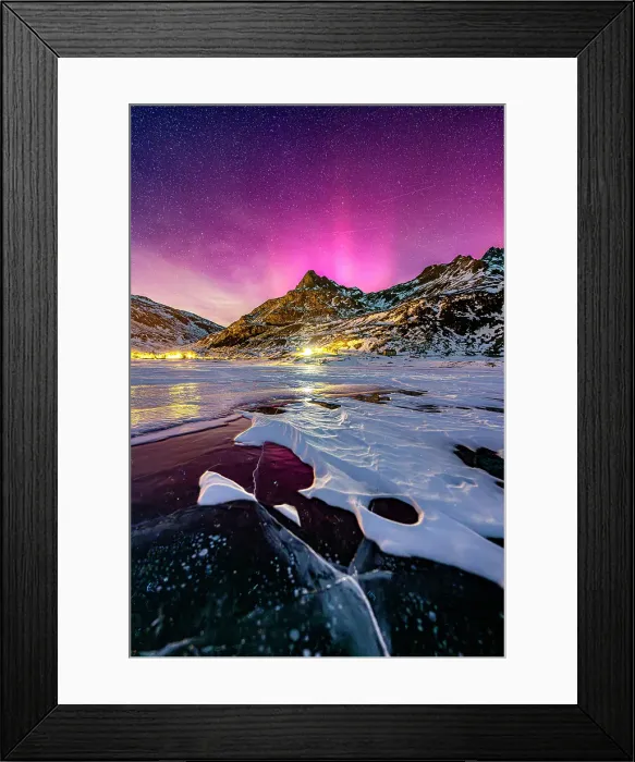 Framed Print : Northern Lights over the village of Montespluga and frozen lake, Madesimo, Valtellina, Lombardy, Italy Framed Print : Northern Lights over the village of Montespluga and frozen lake, Madesimo, Valtellina, Lombardy, Italy