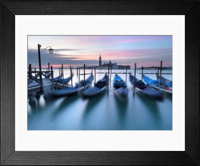 Framed Print : Goldolas on the lagoon with San Giorgio Maggiore in the background, at dawn, San Marco, Venice, Italy