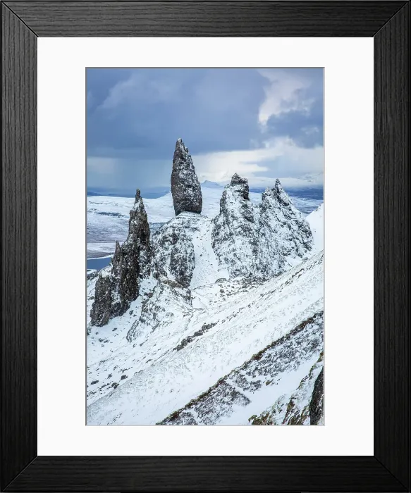 Framed Print : Old Man of Storr and snow covered landscape, Storr Rocks, Isle of Skye, Inner Hebrides, Scotland, United Kingdom