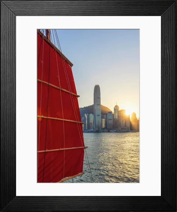 Framed Print : Junk boat and skyline of Hong Kong Island, Hong Kong Framed Print : Junk boat and skyline of Hong Kong Island, Hong Kong