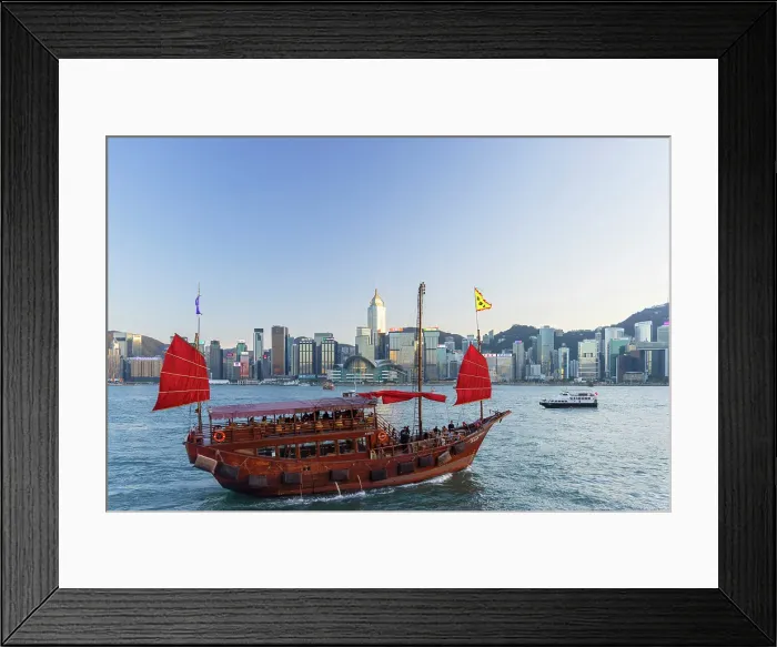 Framed Print : Junk boat and skyline of Hong Kong Island, Wan Chai, Hong Kong Island, Hong Kong Framed Print : Junk boat and skyline of Hong Kong Island, Wan Chai, Hong Kong Island, Hong Kong