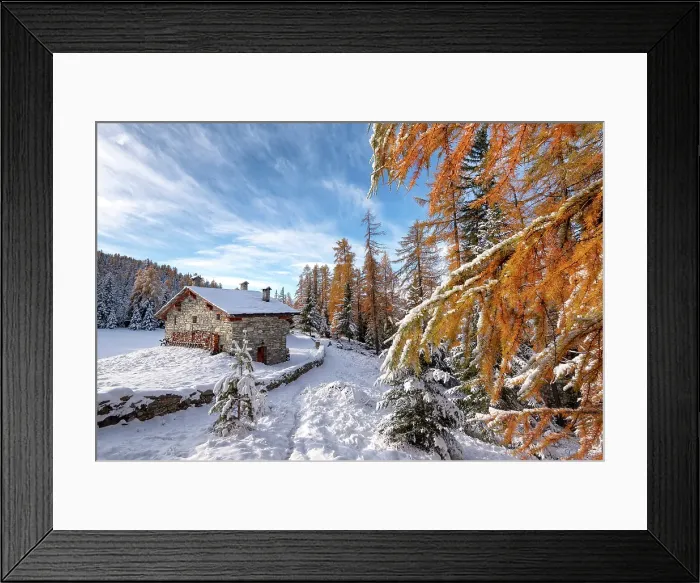 Framed Print : Little house in a woodland after snowfall during autumn season, Valmalenco, Sondrio province, Valtellina, Lombardy, Italy Framed Print : Little house in a woodland after snowfall during autumn season, Valmalenco, Sondrio province, Valtellina, Lombardy, Italy