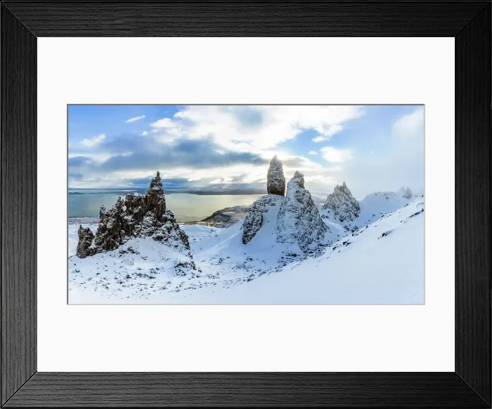 Framed Print : Old Man of Storr and snow covered landscape, Storr Rocks, Isle of Skye, Inner Hebrides, Scotland, United Kingdom
