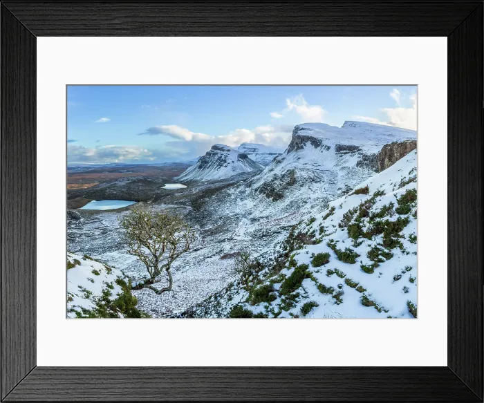 Framed Print : Snow covered Trotternish ridge from the Quiraing, Trotternish Peninsula, Isle of Skye, Inner Hebrides, Highlands, Scotland, UK