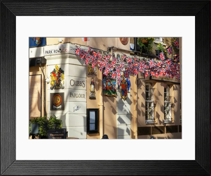 Framed Print : Union Jack bunting by the Trafalgar Tavern, Greenwich, London Framed Print : Union Jack bunting by the Trafalgar Tavern, Greenwich, London
