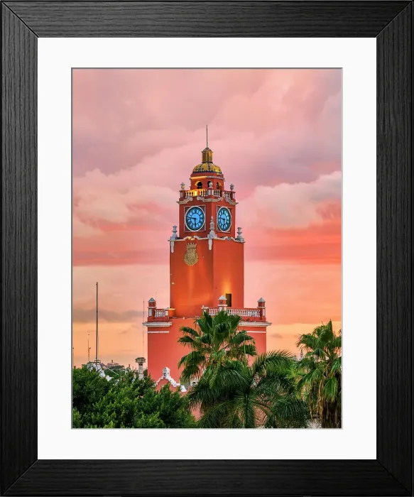 Framed Print : City Hall Tower at sunset, elevated view, Plaza Grande, Merida, Yucatan State, Mexico