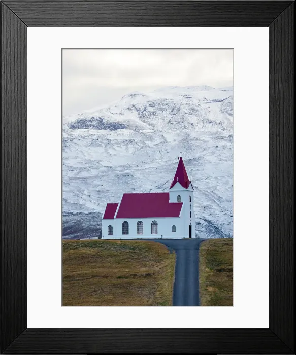Framed Print : Church of Ingjaldsholskirkja with the snow-capped mountains behind it, Iceland Framed Print : Church of Ingjaldsholskirkja with the snow-capped mountains behind it, Iceland