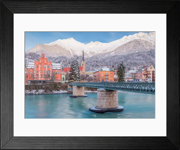 Framed Print : Emile Bethouart bridge with the Sankt Nikolaus church and the Nordkette mountains in the background, Innsbruck, Tyrol, Austria Framed Print : Emile Bethouart bridge with the Sankt Nikolaus church and the Nordkette mountains in the background, Innsbruck, Tyrol, Austria