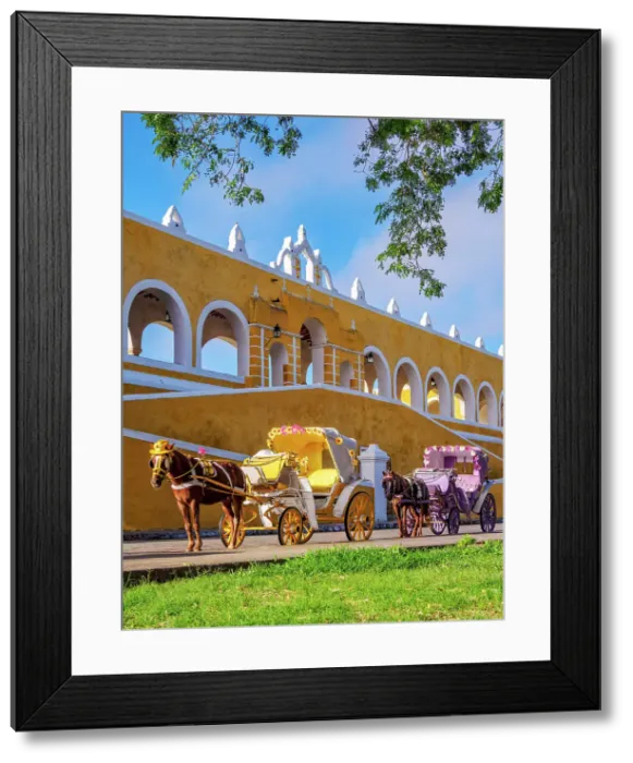 Framed Print : Horse-drawn carriages in front of the Convent of San Antonio de Padua, Izamal, Yucatan State, Mexico Framed Print : Horse-drawn carriages in front of the Convent of San Antonio de Padua, Izamal, Yucatan State, Mexico
