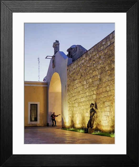 Framed Print : Fishmonger statue and the musician playing guitar at Puerta de Mar at dusk, Campeche City, Campeche State, Mexico Framed Print : Fishmonger statue and the musician playing guitar at Puerta de Mar at dusk, Campeche City, Campeche State, Mexico
