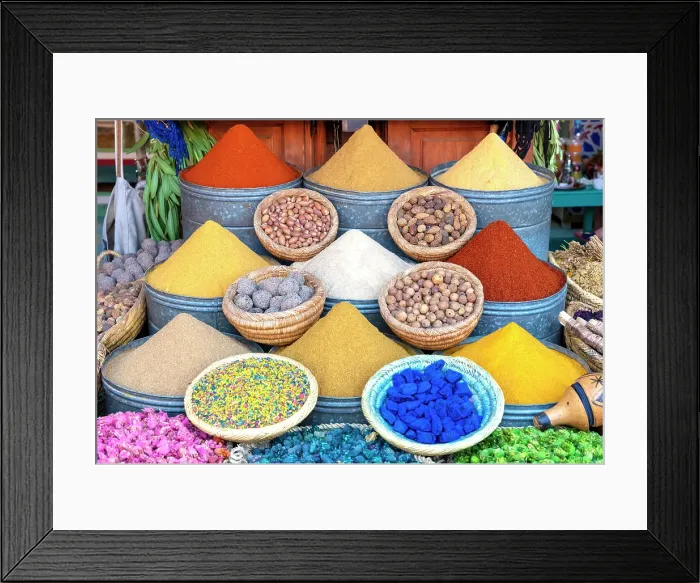 Framed Print : Display of spices and pot-pourri at a shop in Rahba Kedima, a small square in the souks near Djemaa el Fna, Marrakech, Morocco Framed Print : Display of spices and pot-pourri at a shop in Rahba Kedima, a small square in the souks near Djemaa el Fna, Marrakech, Morocco