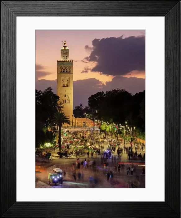 Framed Print : Koutoubia Minaret at dusk with crowds of people walking, Marrakech, Morocco Framed Print : Koutoubia Minaret at dusk with crowds of people walking, Marrakech, Morocco