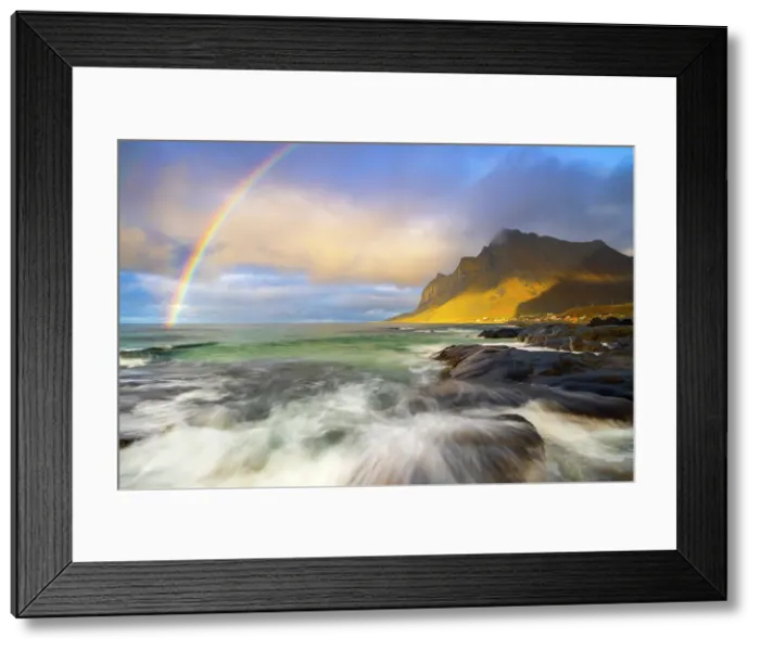 Framed Print : Rainbow at Vikten beach during sunset, Flakstad, Moskenesoya, Nordland, Lofoten Islands, Norway, Northern Europe Framed Print : Rainbow at Vikten beach during sunset, Flakstad, Moskenesoya, Nordland, Lofoten Islands, Norway, Northern Europe