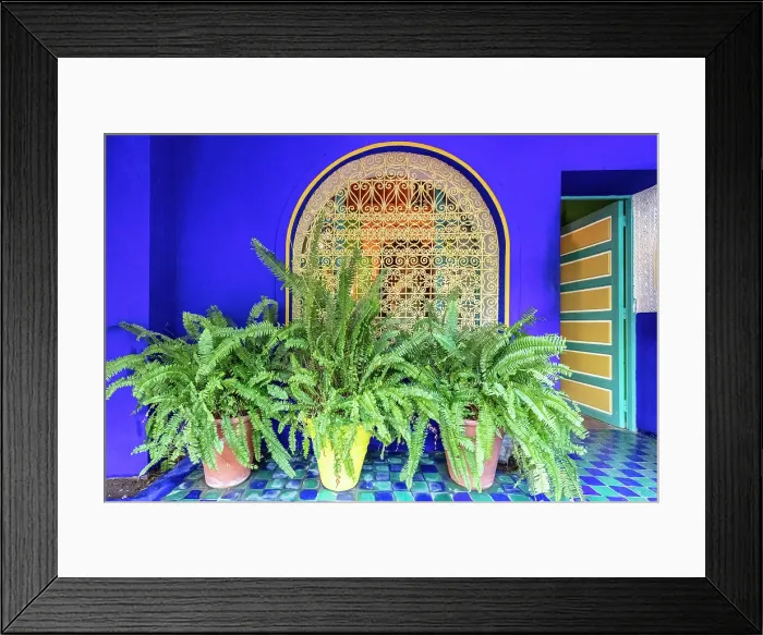 Framed Print : Blue wall, ornate window grill and potted plants, Majorelle Gardens, Marrakech, Morocco Framed Print : Blue wall, ornate window grill and potted plants, Majorelle Gardens, Marrakech, Morocco