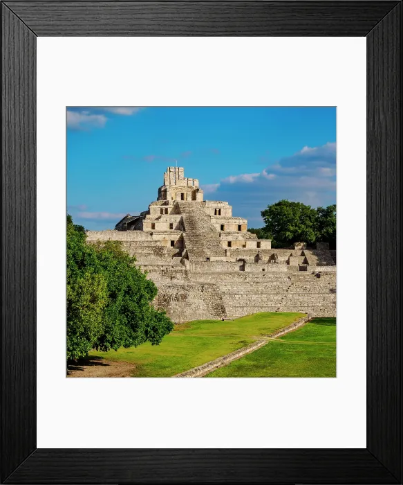 Framed Print : View over Main Plaza towards Great Acropolis and Temple of Five Floors, Edzna Archaeological Site, Campeche State, Mexico Framed Print : View over Main Plaza towards Great Acropolis and Temple of Five Floors, Edzna Archaeological Site, Campeche State, Mexico