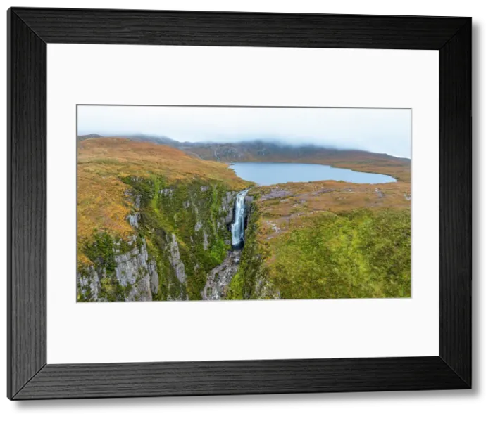 Framed Print : UK, Scotland, Highland, Sutherland, Assynt, Loch na Gainmhich and Allt Chranaidh Waterfall or Wailing Widows Waterfall, on the North Coast 500