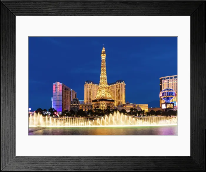 Framed Print : Paris Las Vegas Hotel and Casino with the Bellagio Fountains at dusk, Las Vegas, Nevada, USA Framed Print : Paris Las Vegas Hotel and Casino with the Bellagio Fountains at dusk, Las Vegas, Nevada, USA