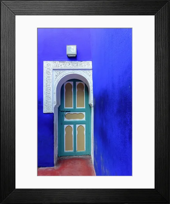 Framed Print : Blue wall and door, Majorelle Gardens, Marrakech, Morocco Framed Print : Blue wall and door, Majorelle Gardens, Marrakech, Morocco