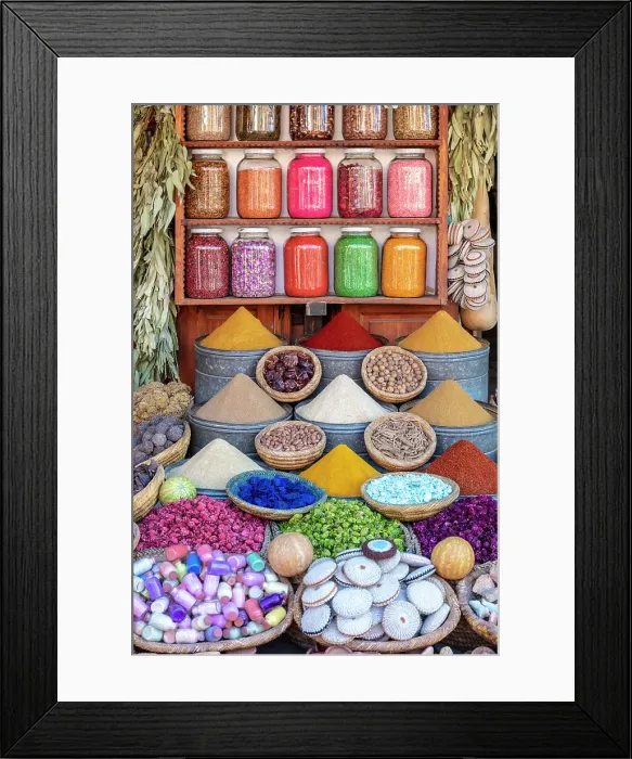 Framed Print : Display of spices and pot-pourri at a shop in Rahba Kedima, a small square in the souks near Djemaa el Fna, Marrakech, Morocco Framed Print : Display of spices and pot-pourri at a shop in Rahba Kedima, a small square in the souks near Djemaa el Fna, Marrakech, Morocco