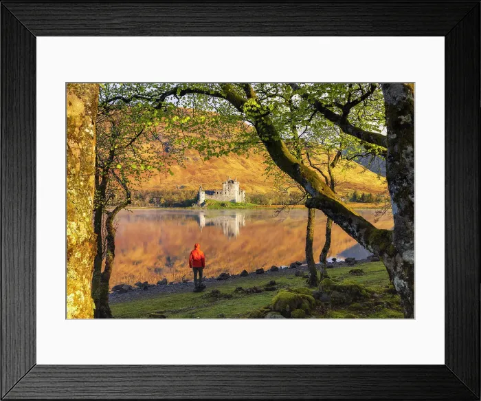 Framed Print : A tourist among the trees during a foggy sunrise at Kilchurn Castle, Lochawe, Dalmally, Highlands, Scotland, United Kingdom (MR) Framed Print : A tourist among the trees during a foggy sunrise at Kilchurn Castle, Lochawe, Dalmally, Highlands, Scotland, United Kingdom (MR)