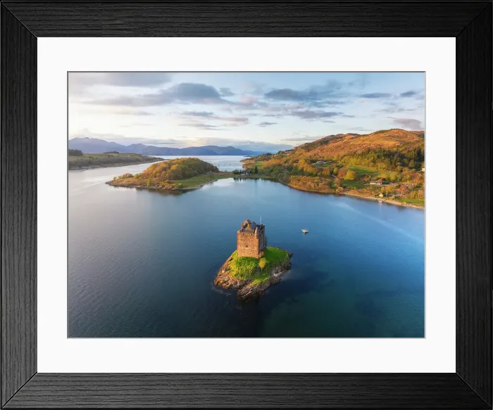 Framed Print : Aerial view of Stalker Castle during sunset, Loch Laich, Argyll, Port Appin, Highlands, Scotland, United Kingdom Framed Print : Aerial view of Stalker Castle during sunset, Loch Laich, Argyll, Port Appin, Highlands, Scotland, United Kingdom