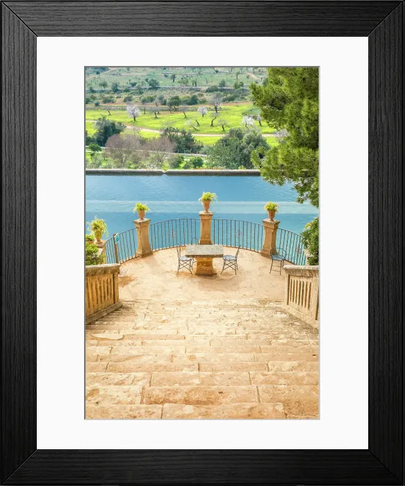 Framed Print : Water basin with resting area in the gardens of the Raixa estate, Bunyola, Mallorca, Balearic Islands, Spain