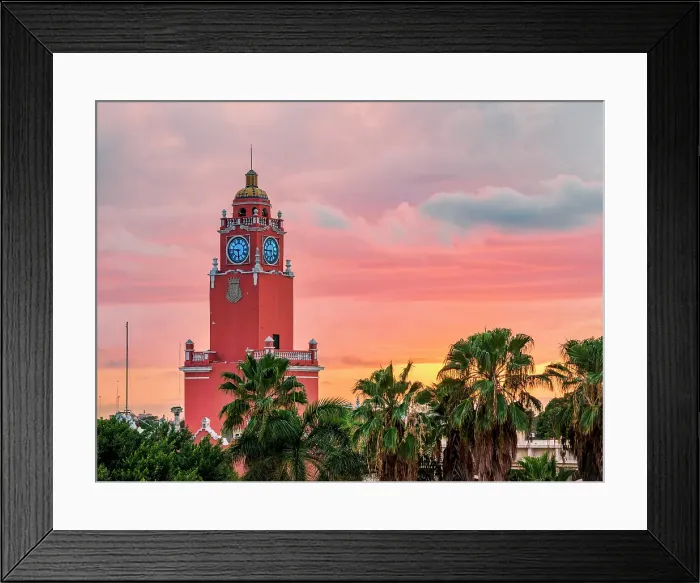Framed Print : City Hall Tower at sunset, elevated view, Plaza Grande, Merida, Yucatan State, Mexico