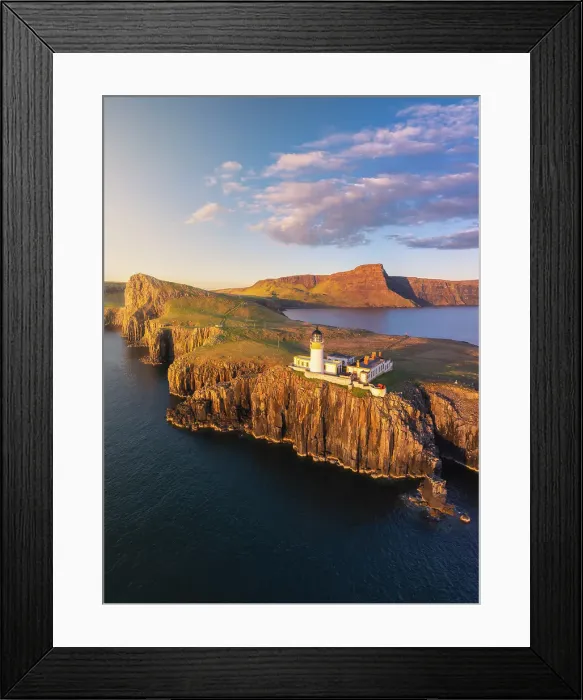 Framed Print : Aerial view during sunset at Neist Point lighthouse, Isle of Skye, Inner Hebrides, Highlands, Scotland, United Kingdom Framed Print : Aerial view during sunset at Neist Point lighthouse, Isle of Skye, Inner Hebrides, Highlands, Scotland, United Kingdom