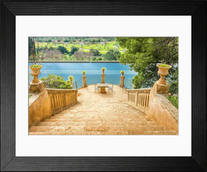 Framed Print : Water basin with resting area in the gardens of the Raixa estate, Bunyola, Mallorca, Balearic Islands, Spain Framed Print : Water basin with resting area in the gardens of the Raixa estate, Bunyola, Mallorca, Balearic Islands, Spain