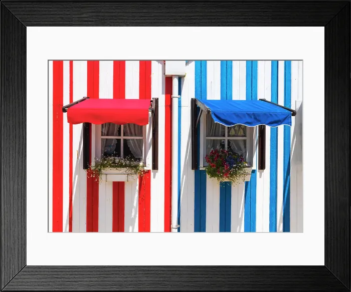 Framed Print : Typical colorful houses of Costa Nova do Prado, Ria de Aveiro, Aveiro district, Ilhavo, Norte Region, Portugal Framed Print : Typical colorful houses of Costa Nova do Prado, Ria de Aveiro, Aveiro district, Ilhavo, Norte Region, Portugal