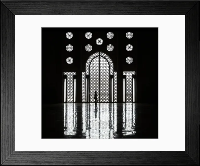 Framed Print : Arches and windows with reflections in the floor, Mosque of Hassan II, Casablanca, Northern Morocco