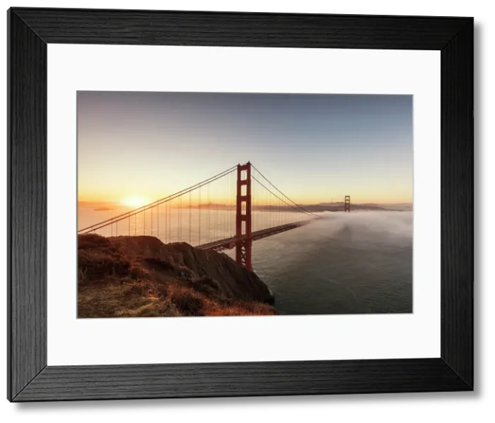 Framed Print : Golden Gate Bridge and fog at sunrise, from Battery Spencer, San Francisco, California, USA Framed Print : Golden Gate Bridge and fog at sunrise, from Battery Spencer, San Francisco, California, USA