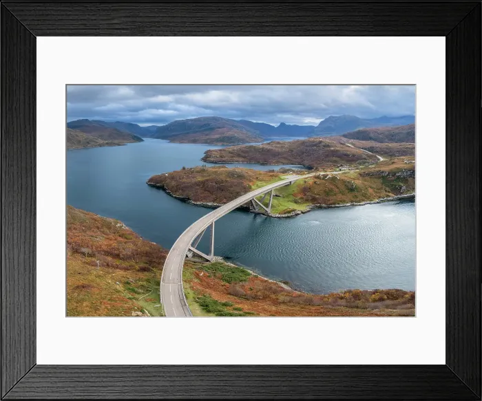 Framed Print : Aerial view of Kylesku Bridge on the scenic North Cost 500 driving route, crossing Loch a Chairn Bhain in Sutherland, Scotland, UK Framed Print : Aerial view of Kylesku Bridge on the scenic North Cost 500 driving route, crossing Loch a Chairn Bhain in Sutherland, Scotland, UK