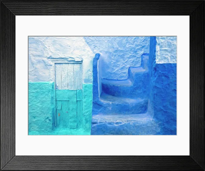 Framed Print : Blue wall and steps, Rif Mountain, Chefchaouen, Morocco Framed Print : Blue wall and steps, Rif Mountain, Chefchaouen, Morocco