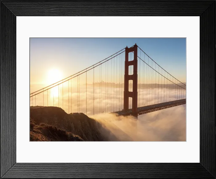 Framed Print : Golden Gate Bridge and fog at sunrise, from Battery Spencer, San Francisco, California, USA Framed Print : Golden Gate Bridge and fog at sunrise, from Battery Spencer, San Francisco, California, USA