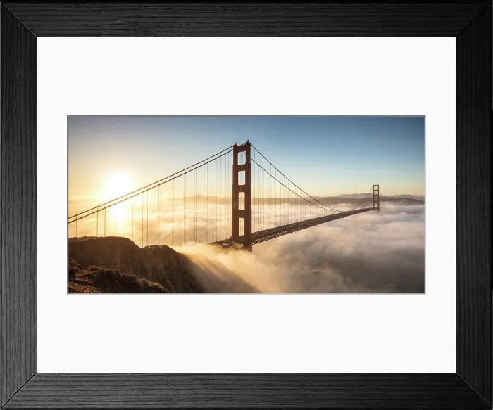 Framed Print : Golden Gate Bridge and fog at sunrise, from Battery Spencer, San Francisco, California, USA Framed Print : Golden Gate Bridge and fog at sunrise, from Battery Spencer, San Francisco, California, USA