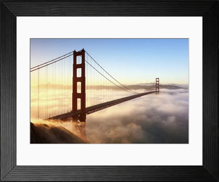 Framed Print : Golden Gate Bridge and fog at sunrise, from Battery Spencer, San Francisco, California, USA