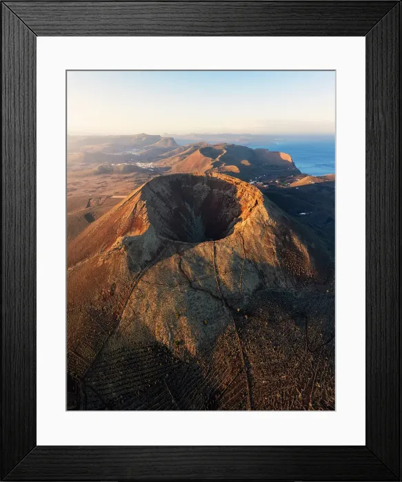Framed Print : Aerial view of the crater of Volcan de la Corona in the during sunrise, Mirador del Rio, Haria, Las Palmas, Lanzarote, Canary Islands, Spain Framed Print : Aerial view of the crater of Volcan de la Corona in the during sunrise, Mirador del Rio, Haria, Las Palmas, Lanzarote, Canary Islands, Spain