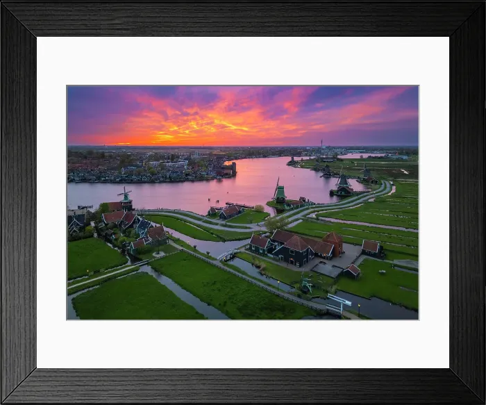 Framed Print : Aerial view of the typical windmills of Zaanse Schans on the river Zaan in spring. Zaanse Schans, North Holland, Zaanstad municipality, The Netherlands, Europe Framed Print : Aerial view of the typical windmills of Zaanse Schans on the river Zaan in spring. Zaanse Schans, North Holland, Zaanstad municipality, The Netherlands, Europe