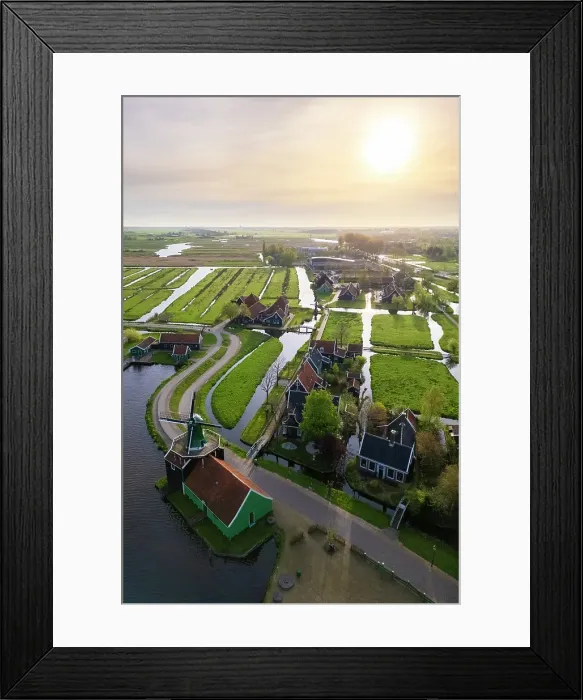 Framed Print : Aerial view of the typical windmills of Zaanse Schans on the river Zaan in spring. Zaanse Schans, North Holland, Zaanstad municipality, The Netherlands, Europe Framed Print : Aerial view of the typical windmills of Zaanse Schans on the river Zaan in spring. Zaanse Schans, North Holland, Zaanstad municipality, The Netherlands, Europe