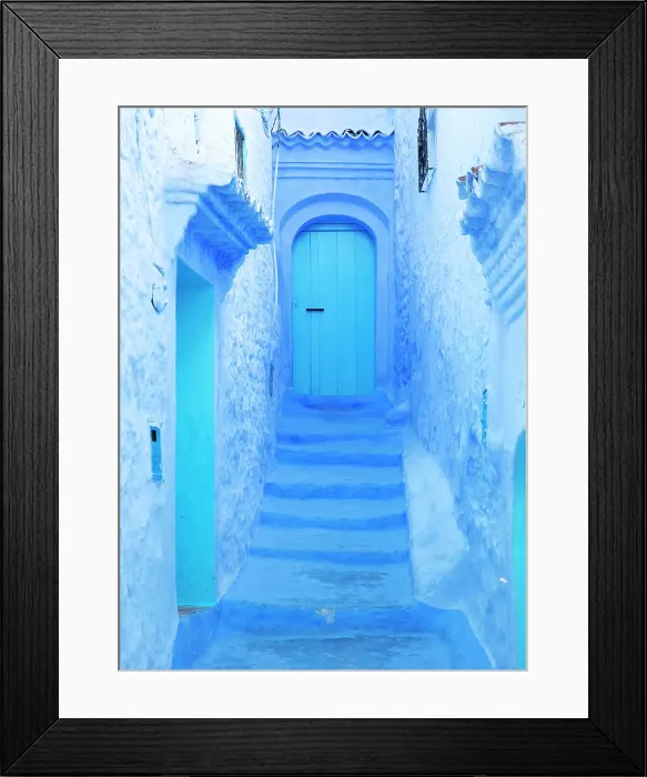 Framed Print : Wall, door and steps painted blue, Chefchaouen, Rif Mountains, Morocco Framed Print : Wall, door and steps painted blue, Chefchaouen, Rif Mountains, Morocco