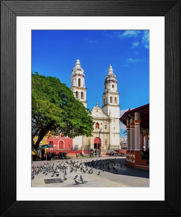 Framed Print : View over the Independence Square towards the Our Lady of the Immaculate Conception Cathedral, Campeche City, Campeche State, Mexico Framed Print : View over the Independence Square towards the Our Lady of the Immaculate Conception Cathedral, Campeche City, Campeche State, Mexico