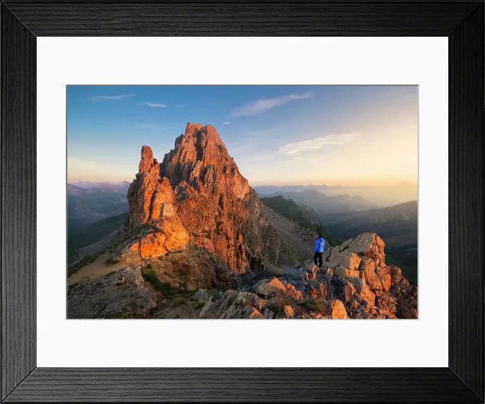 Framed Print : A trekker at Colletto della Meja in front of Rocca la Meja at sunrise, Maira Valley, Canosio, Cuneo, Piedmont, Italy (MR) Framed Print : A trekker at Colletto della Meja in front of Rocca la Meja at sunrise, Maira Valley, Canosio, Cuneo, Piedmont, Italy (MR)