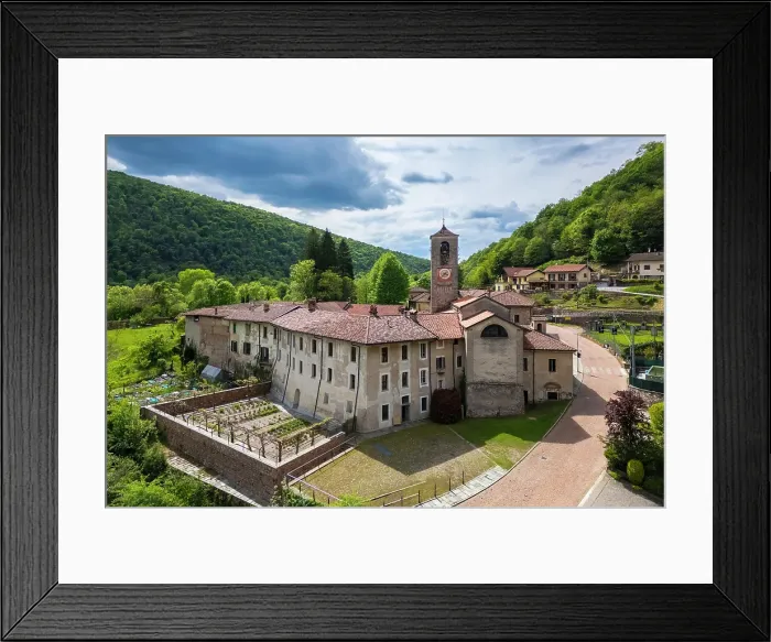 Framed Print : ancient Badia di San Gemolo in Ganna on a spring day. Valganna, Varese district, Lombardy, Italy