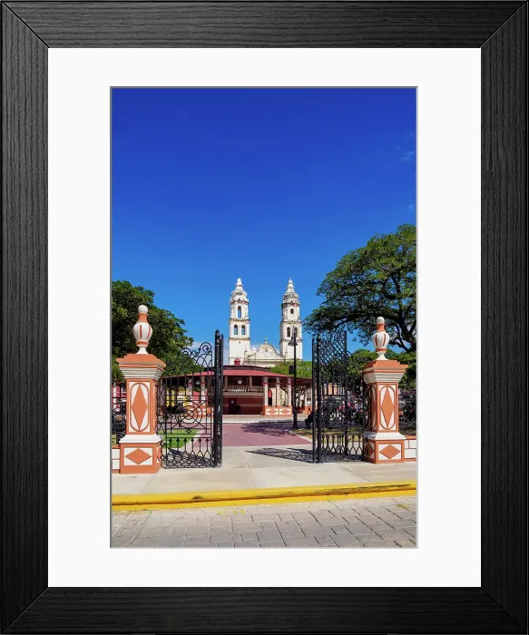 Framed Print : View over the Independence Square towards the Our Lady of the Immaculate Conception Cathedral, Campeche City, Campeche State, Mexico Framed Print : View over the Independence Square towards the Our Lady of the Immaculate Conception Cathedral, Campeche City, Campeche State, Mexico