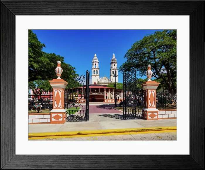 Framed Print : View over the Independence Square towards the Our Lady of the Immaculate Conception Cathedral, Campeche City, Campeche State, Mexico Framed Print : View over the Independence Square towards the Our Lady of the Immaculate Conception Cathedral, Campeche City, Campeche State, Mexico