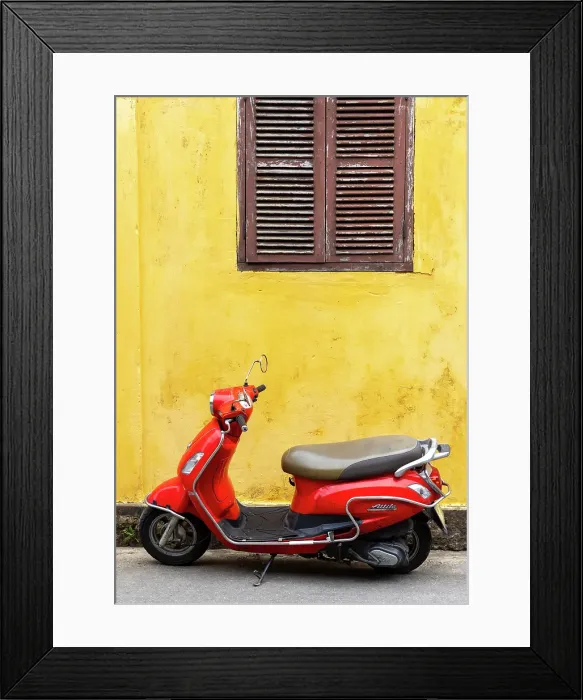 Framed Print : Red moped against yellow wall, Hoi An, Vietnam Framed Print : Red moped against yellow wall, Hoi An, Vietnam
